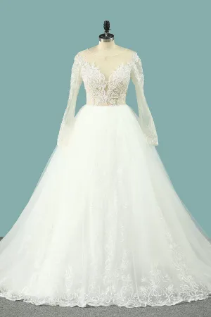 Wedding Dresses Scoop Long Sleeves Tulle With Applique Court Train