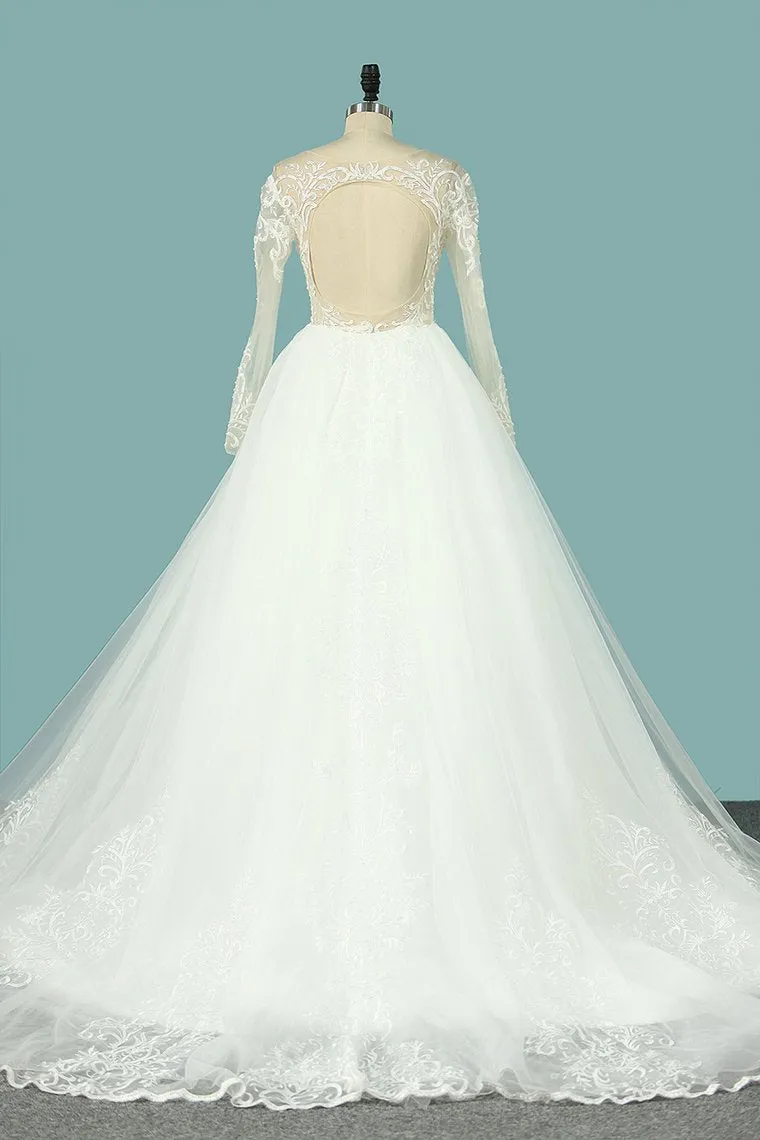 Wedding Dresses Scoop Long Sleeves Tulle With Applique Court Train