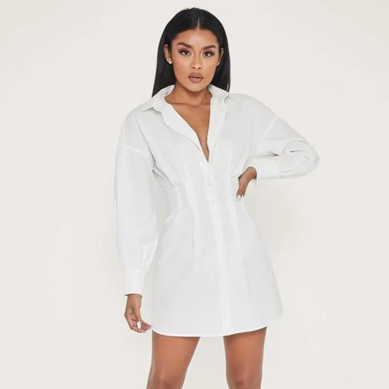 white belted tie shirt long sleeve dress