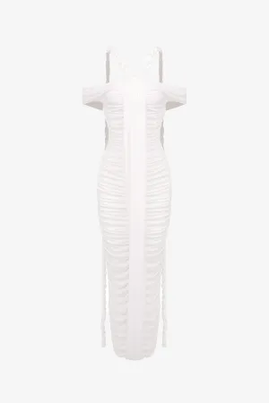 White Off The Shoulder Ruched Maxi Dress