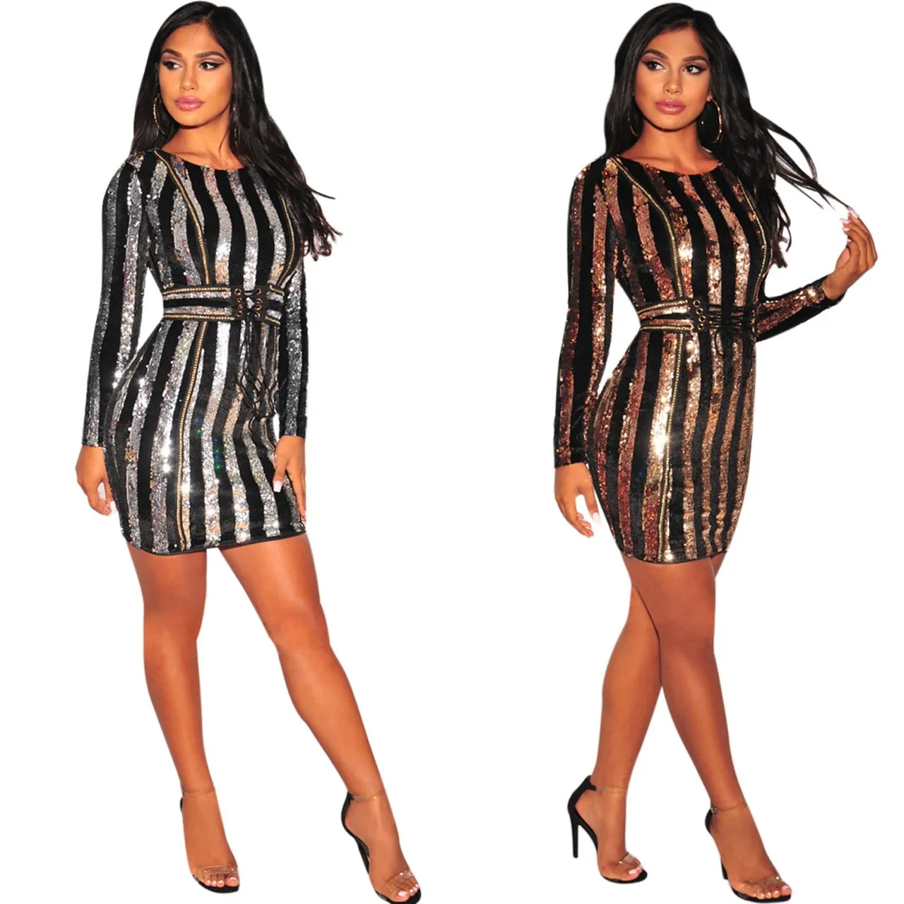 Women Mini Sequin Striped Bodycon Dress